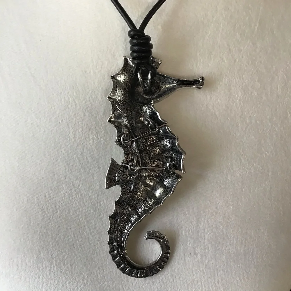 Seahorse Statement Necklace Black Cord Rhinestone Eye Reticulated Florida Beach